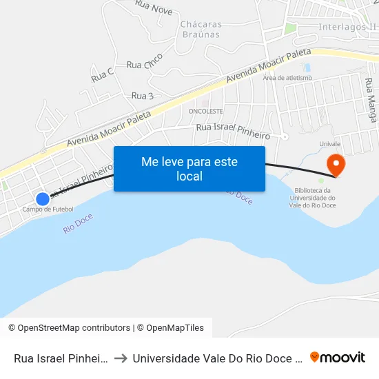 Rua Israel Pinheiro, 200 to Universidade Vale Do Rio Doce - Campus II map