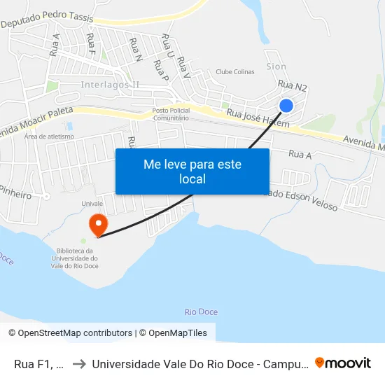 Rua F1, 60 to Universidade Vale Do Rio Doce - Campus II map