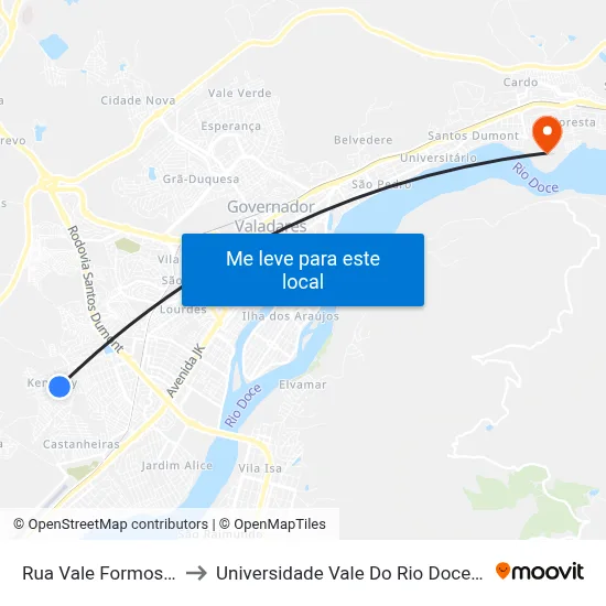 Rua Vale Formoso, 1222 to Universidade Vale Do Rio Doce - Campus II map