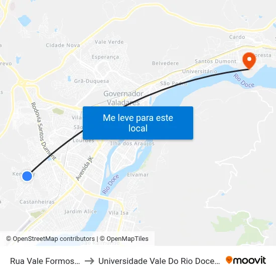 Rua Vale Formoso, 1225 to Universidade Vale Do Rio Doce - Campus II map