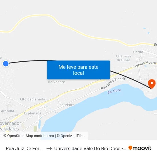 Rua Juiz De Fora, 1122 to Universidade Vale Do Rio Doce - Campus II map