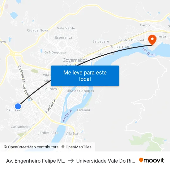 Av. Engenheiro Felipe Moreira Caldas, 706 to Universidade Vale Do Rio Doce - Campus II map