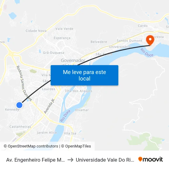Av. Engenheiro Felipe Moreira Caldas, 645 to Universidade Vale Do Rio Doce - Campus II map