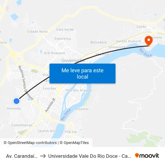 Av. Carandaí, 43 to Universidade Vale Do Rio Doce - Campus II map
