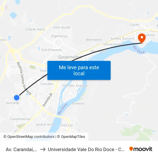 Av. Carandaí, 139 to Universidade Vale Do Rio Doce - Campus II map