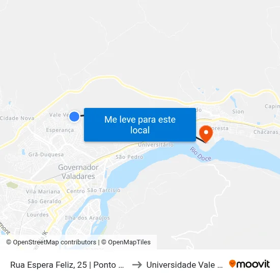 Rua Espera Feliz, 25 | Ponto Final Da Linha 09b No Santa Helena to Universidade Vale Do Rio Doce - Campus II map