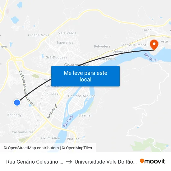 Rua Genário Celestino Dos Santos, 321 to Universidade Vale Do Rio Doce - Campus II map