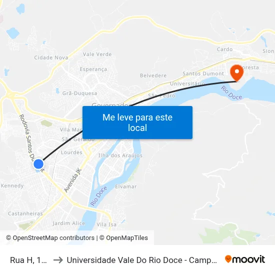 Rua H, 100 to Universidade Vale Do Rio Doce - Campus II map