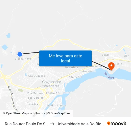 Rua Doutor Paulo De Sousa Lima, 872 to Universidade Vale Do Rio Doce - Campus II map