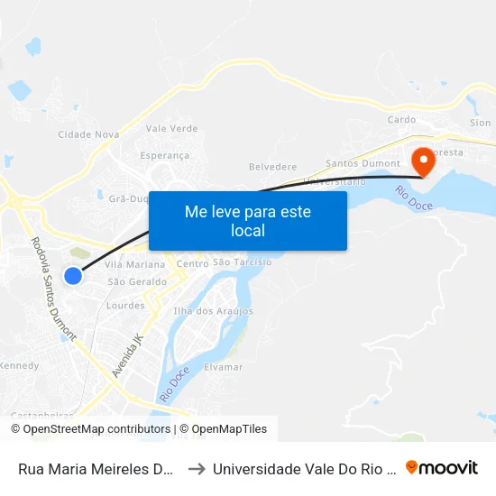 Rua Maria Meireles De Almeida, 1420 to Universidade Vale Do Rio Doce - Campus II map