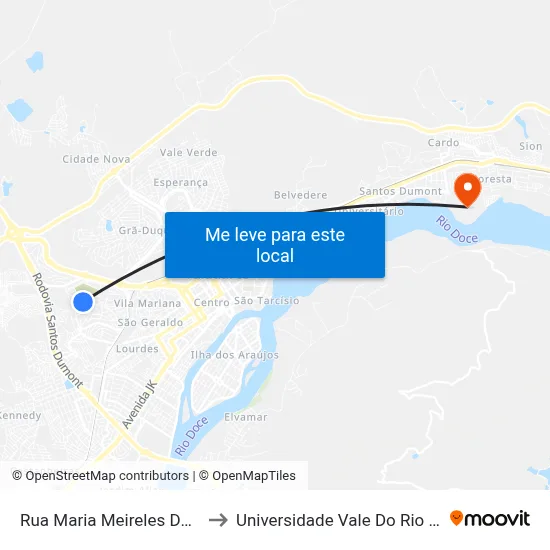 Rua Maria Meireles De Almeida, 1150 to Universidade Vale Do Rio Doce - Campus II map