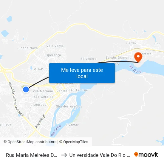 Rua Maria Meireles De Almeida, 910 to Universidade Vale Do Rio Doce - Campus II map