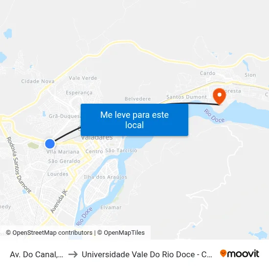 Av. Do Canal, 260 to Universidade Vale Do Rio Doce - Campus II map