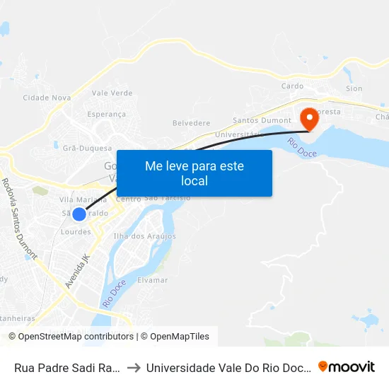 Rua Padre Sadi Rabelo, 346 to Universidade Vale Do Rio Doce - Campus II map