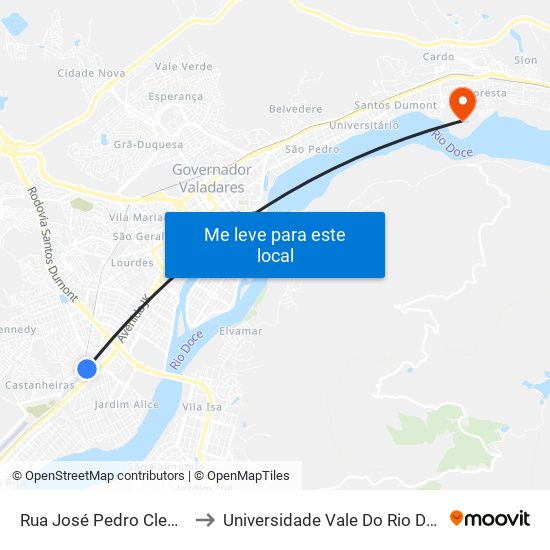 Rua José Pedro Clementino, 323 to Universidade Vale Do Rio Doce - Campus II map