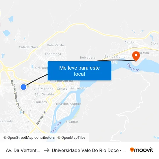 Av. Da Vertente, 480 to Universidade Vale Do Rio Doce - Campus II map