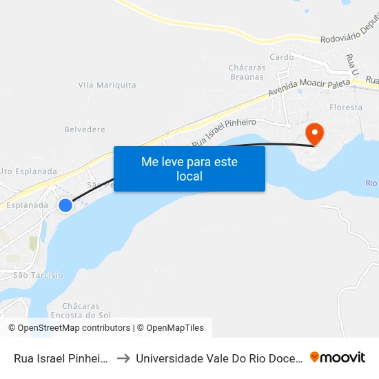 Rua Israel Pinheiro, 1215 to Universidade Vale Do Rio Doce - Campus II map