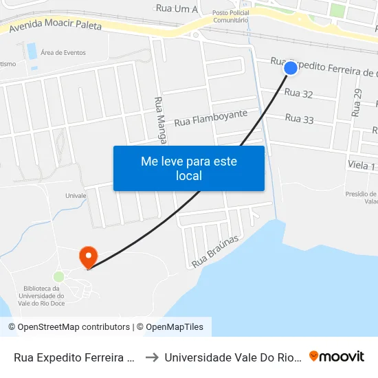 Rua Expedito Ferreira De Carvalho, 449 to Universidade Vale Do Rio Doce - Campus II map