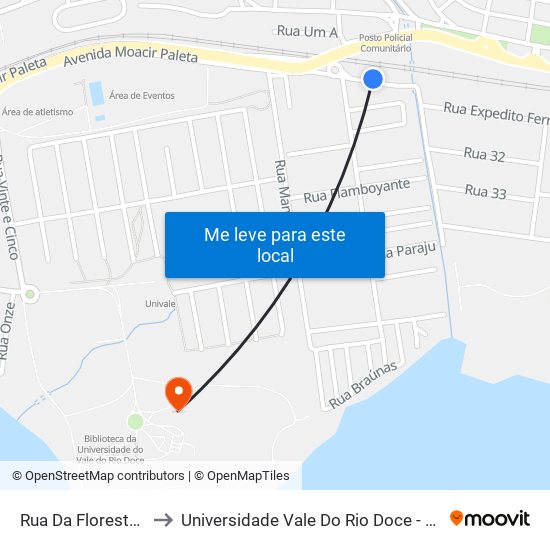 Rua Da Floresta, 100 to Universidade Vale Do Rio Doce - Campus II map