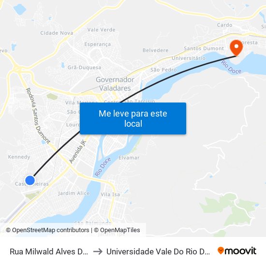 Rua Milwald Alves De Lima, 335 to Universidade Vale Do Rio Doce - Campus II map