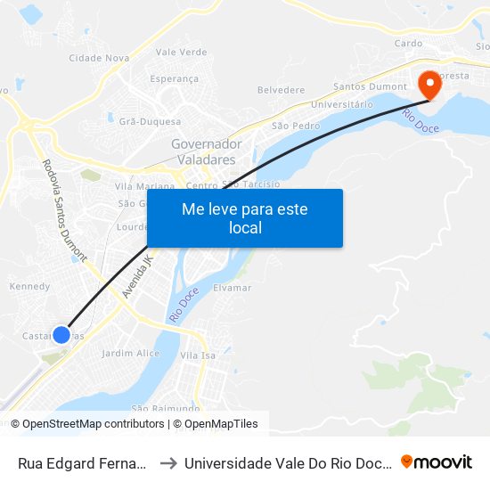 Rua Edgard Fernandes, 205 to Universidade Vale Do Rio Doce - Campus II map