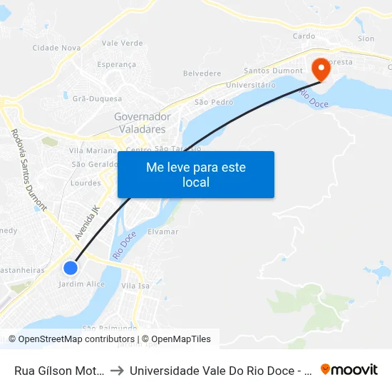 Rua Gílson Motta, 95 to Universidade Vale Do Rio Doce - Campus II map