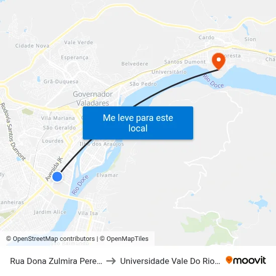 Rua Dona Zulmira Pereira Da Silva, 995 to Universidade Vale Do Rio Doce - Campus II map