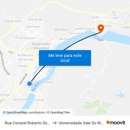 Rua Coronel Roberto Soares Ferreira, 1446 to Universidade Vale Do Rio Doce - Campus II map