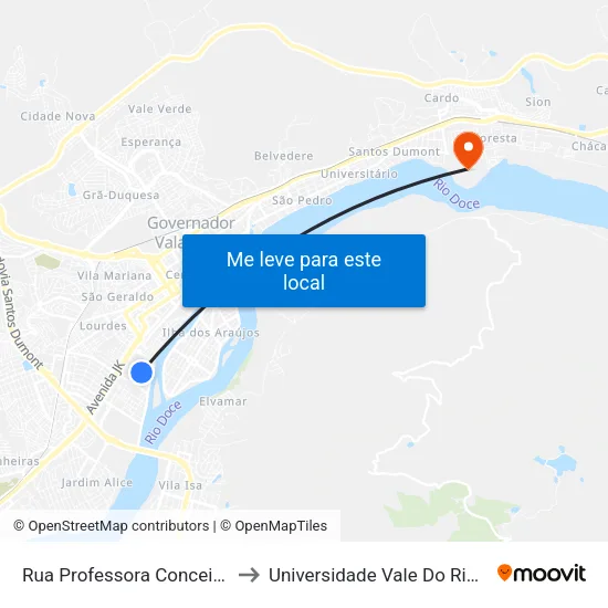 Rua Professora Conceição Teodoro, 243 to Universidade Vale Do Rio Doce - Campus II map