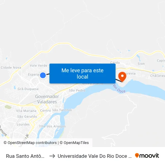 Rua Santo Antônio, 257 to Universidade Vale Do Rio Doce - Campus II map
