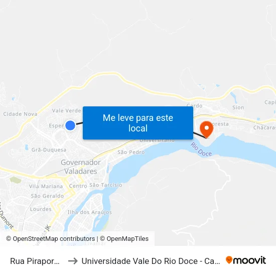 Rua Pirapora, 30 to Universidade Vale Do Rio Doce - Campus II map