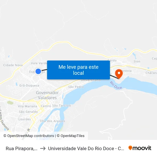 Rua Pirapora, 182 to Universidade Vale Do Rio Doce - Campus II map