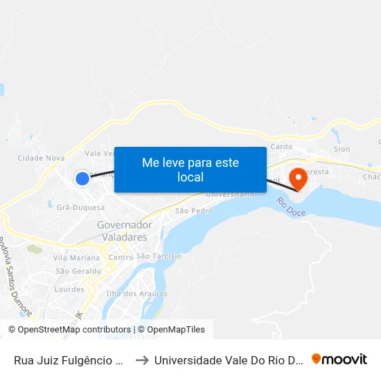 Rua Juiz Fulgêncio Pimenta, 250 to Universidade Vale Do Rio Doce - Campus II map