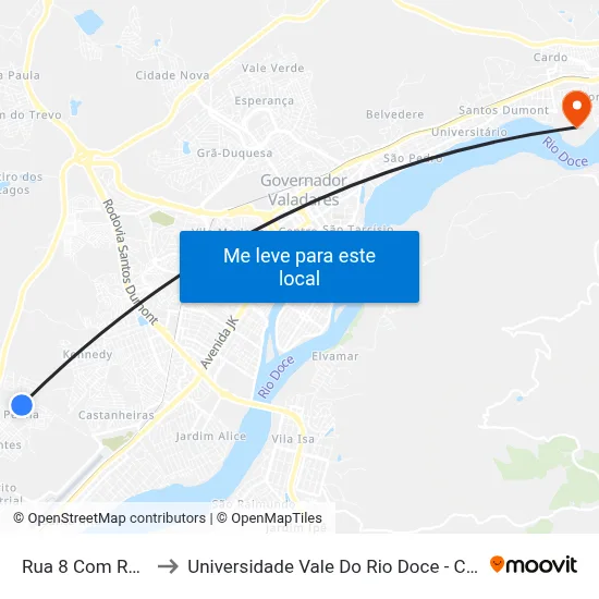 Rua 8 Com Rua 19 to Universidade Vale Do Rio Doce - Campus II map