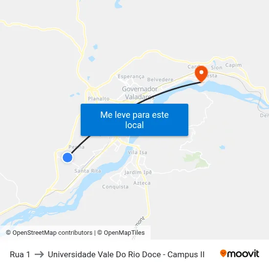 Rua 1 to Universidade Vale Do Rio Doce - Campus II map