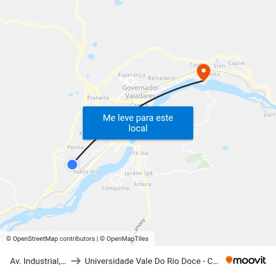 Av. Industrial, 555 to Universidade Vale Do Rio Doce - Campus II map
