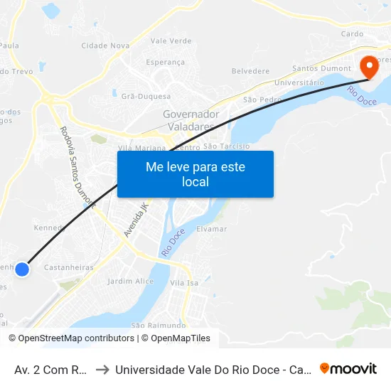 Av. 2 Com Rua F to Universidade Vale Do Rio Doce - Campus II map