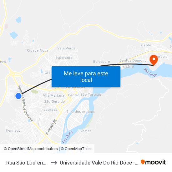 Rua São Lourenço, 614 to Universidade Vale Do Rio Doce - Campus II map