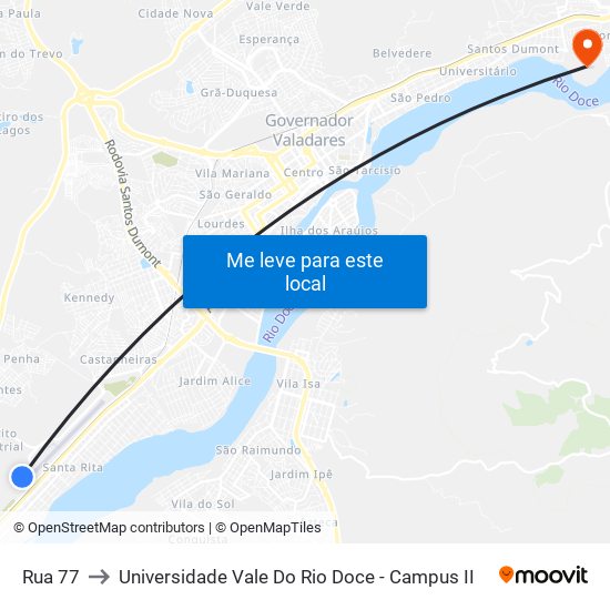 Rua 77 to Universidade Vale Do Rio Doce - Campus II map