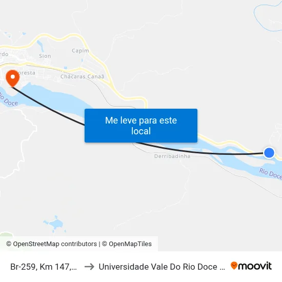 Br-259, Km 147,3 Oeste to Universidade Vale Do Rio Doce - Campus II map