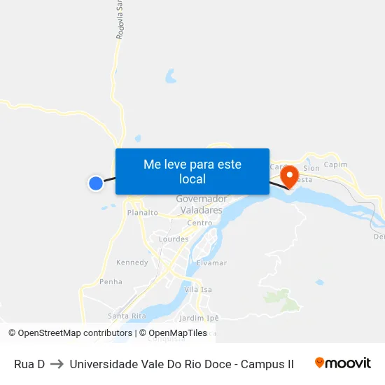 Rua D to Universidade Vale Do Rio Doce - Campus II map