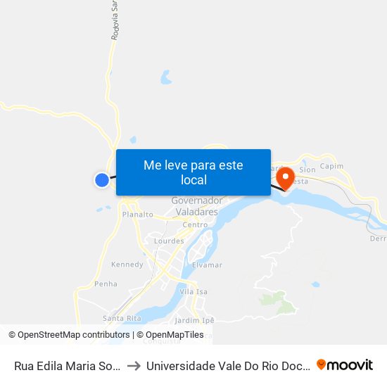Rua Edila Maria Soares, 421 to Universidade Vale Do Rio Doce - Campus II map