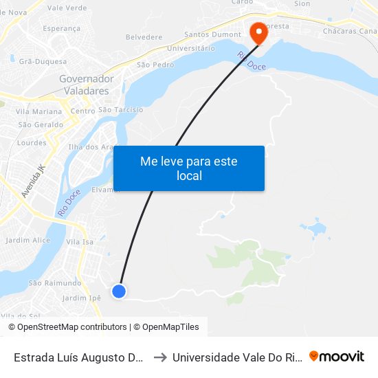 Estrada Luís Augusto Da Silva, Km 0,9 Leste to Universidade Vale Do Rio Doce - Campus II map