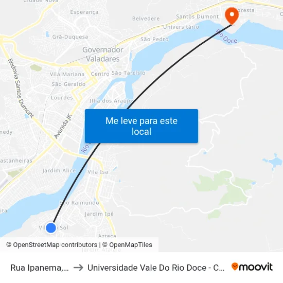 Rua Ipanema, 185 to Universidade Vale Do Rio Doce - Campus II map