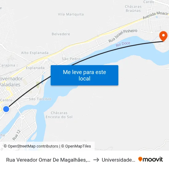 Rua Vereador Omar De Magalhães, 21 | Ponto Final Das Linhas Distritais E Intermunicipais Da Valadarense to Universidade Vale Do Rio Doce - Campus II map