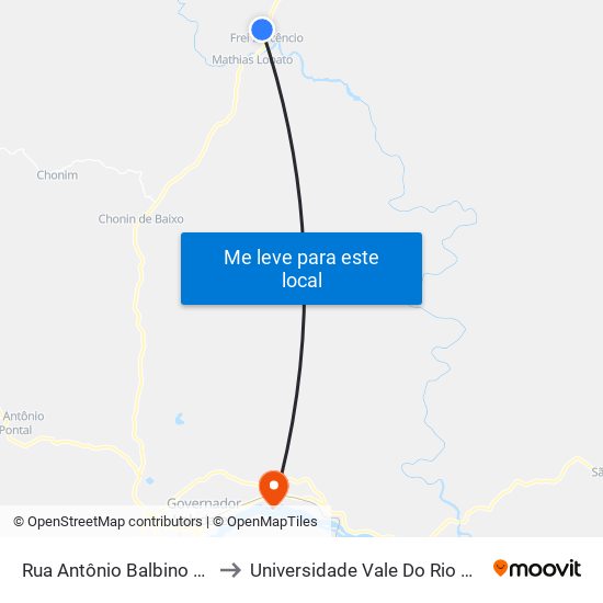 Rua Antônio Balbino Dos Anjos, 30 to Universidade Vale Do Rio Doce - Campus II map