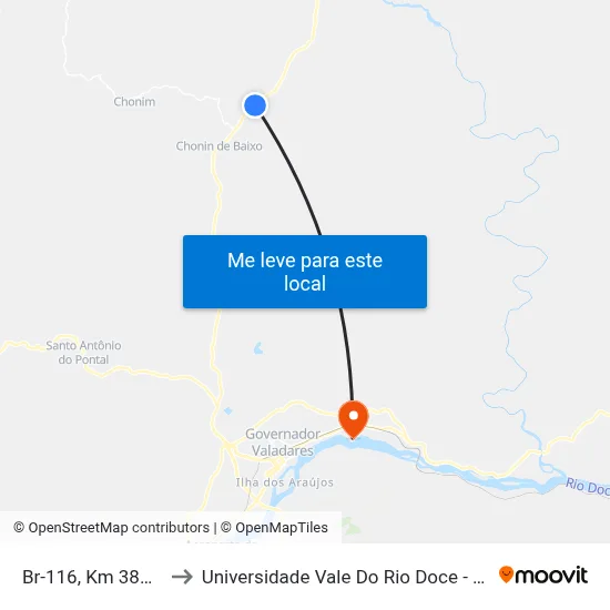 Br-116, Km 385,4 Sul to Universidade Vale Do Rio Doce - Campus II map