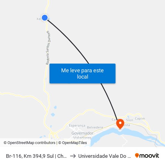Br-116, Km 394,9 Sul | Chácaras Quintas Do Vale to Universidade Vale Do Rio Doce - Campus II map