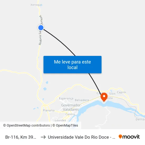 Br-116, Km 398,5 Sul to Universidade Vale Do Rio Doce - Campus II map