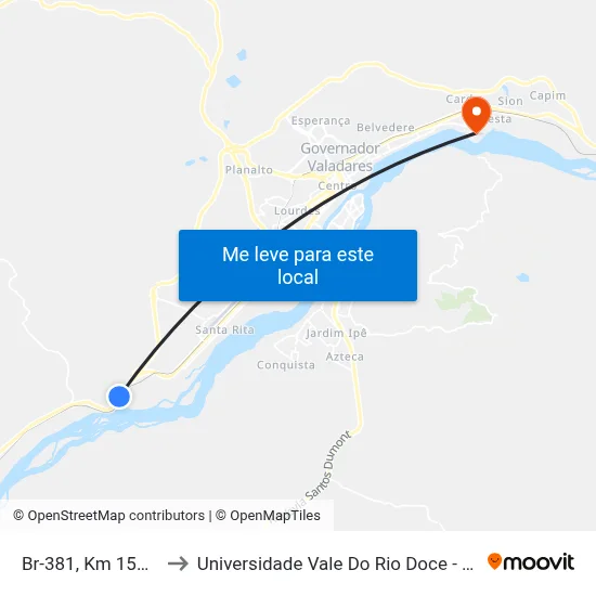 Br-381, Km 153,1 Sul to Universidade Vale Do Rio Doce - Campus II map